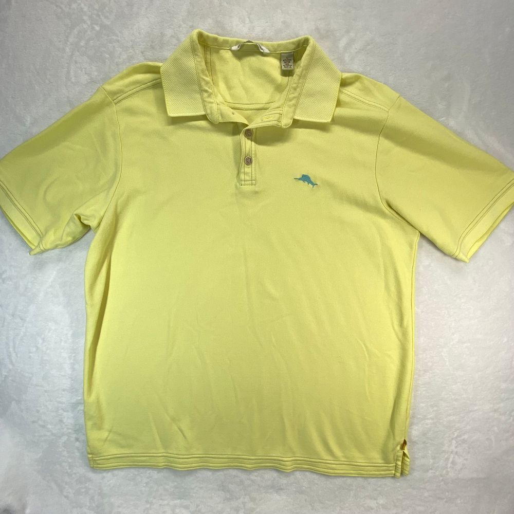 Tommy Bahama butter Yellow Polo Shirt Cotton Blend Dolphin Logo‎ Casual Golf L